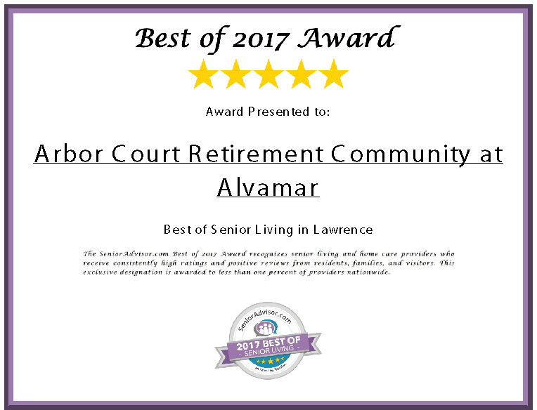 Senior Advisor Award Certificate - The Best of Senior Living in Lawrence for 2017